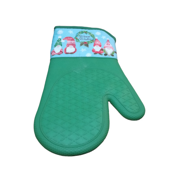 GBI Silicone Cotton Christmas Warm Wishes Gnomes Kitchen Mit Pot Holder Green - Picture 3 of 4